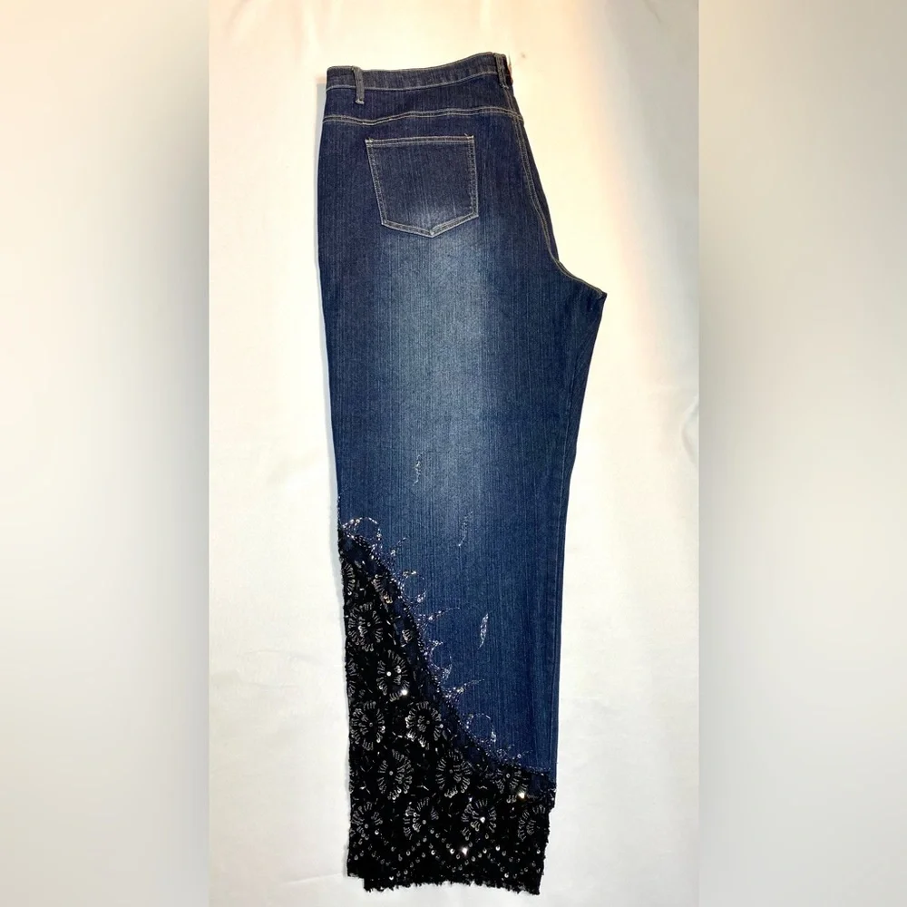 Embellished deep blue denim jeans Sequin Black Lace Embroidered Capri - Picture 11 of 13